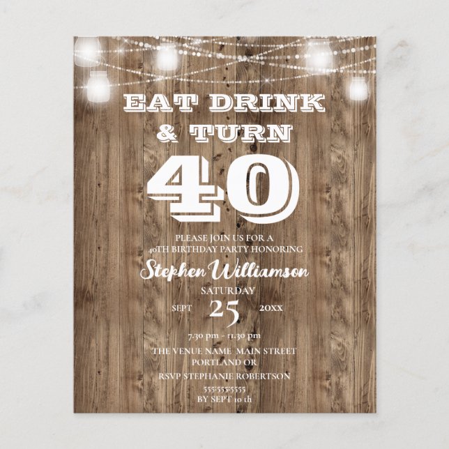 Lámina Presupuesto 40 cumpleaños Barn Wood come bebida y  (Anverso)