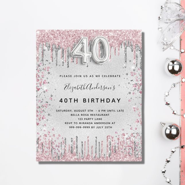 Lámina Presupuesto 40 cumpleaños invitación rosa plata (Subido por el creador)