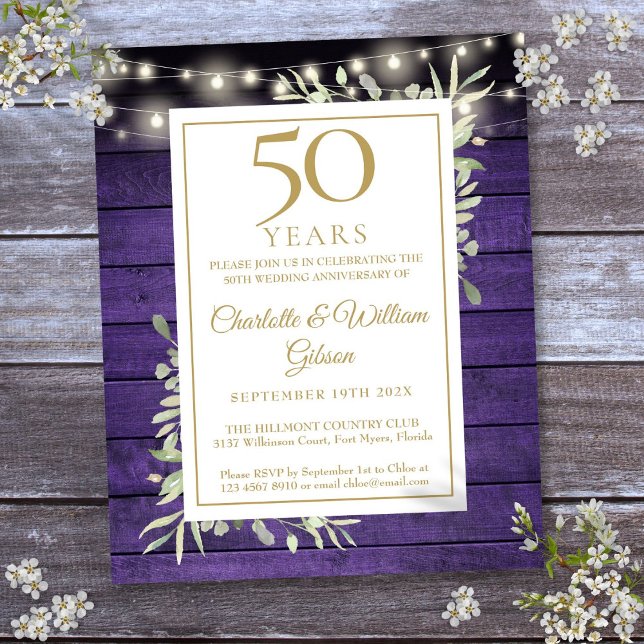 Lámina Presupuesto 50° aniversario Invitación Rústica Púr (Budget 50th Anniversary Purple Rustic Invitation)