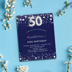 Lámina Presupuesto 50 cumpleaños invitación de plata azul