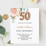 Lámina Presupuesto 50 cumpleaños rosa oro eucalipto flora<br><div class="desc">Una elegante invitación para una fiesta de cumpleaños número 50. Un fondo blanco moda. Decorada con una flor rosa de color oro rosa y rosa y rosa, con hojas de eucalipto verdes, florales, verdes, brotes, vegetación y brotes de oro falsos. Personalizar y el nombre y los detalles del fiesta. Letras...</div>