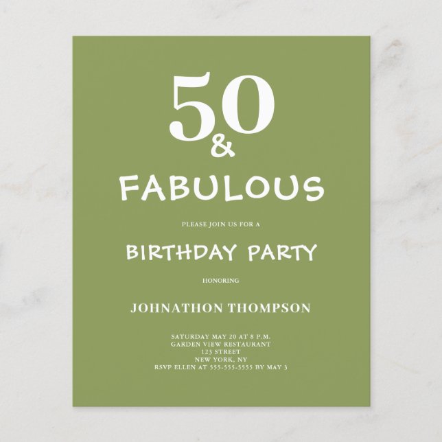Lámina Presupuesto 50 y fabulosa invitación de cumpleaños (Anverso)