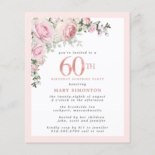 Lámina Presupuesto 60.º cumpleaños Fiesta sorpresa Floral (Anverso)