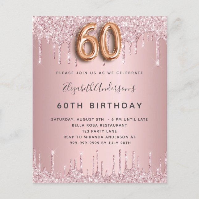 Lámina Presupuesto 60.º cumpleaños goteo de rosas purpuri (Anverso)
