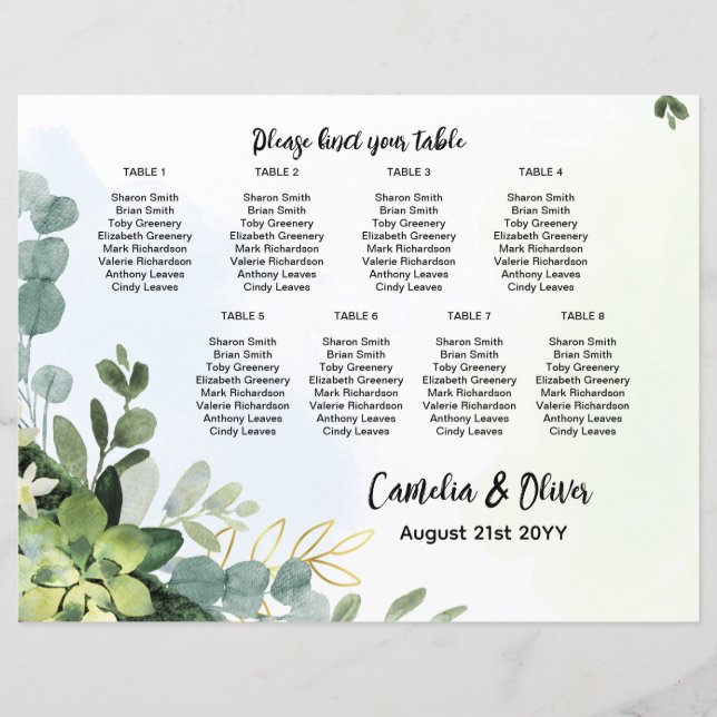 Lámina PRESUPUESTO 8 Tabla Boda Gráfico de asientos Verde (Anverso)