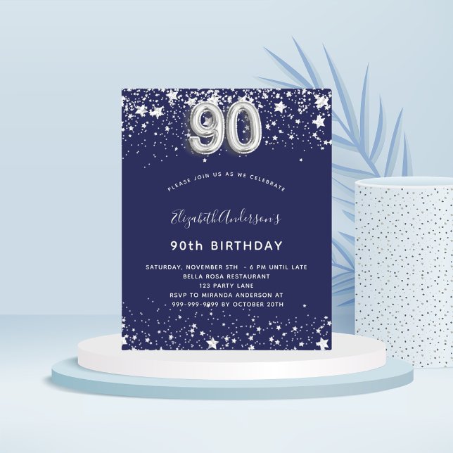 Lámina Presupuesto 90 cumpleaños invitación de plata azul (Subido por el creador)