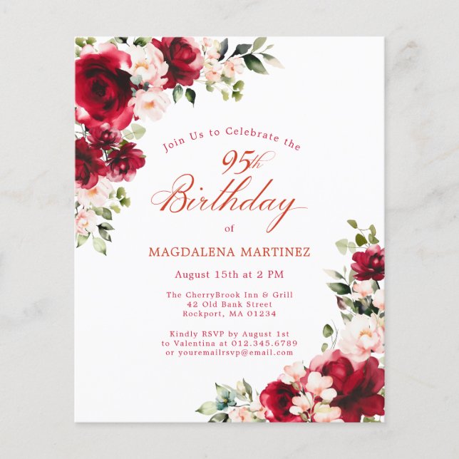 Lámina PRESUPUESTO 95º cumpleaños Invitación de rosa rojo (Anverso)