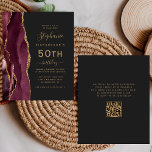 Lámina Presupuesto Agate de Oro de Borgoña Código QR 50 c<br><div class="desc">La arista izquierda de esta elegante y moderna invitación a la fiesta de 50 años cuenta con una acuarela color rojo burdeos bordeada por un purpurina de imitación dorada. El texto del personalizable combina la escritura a mano de color dorado, las fuentes de copperplate y cursiva sobre un fondo negro...</div>