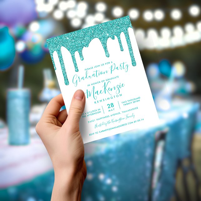 Lámina PRESUPUESTO Aqua Purpurina Verde azulado delata la (BUDGET Aqua Teal Glitter Drips Graduation Party Invitation)