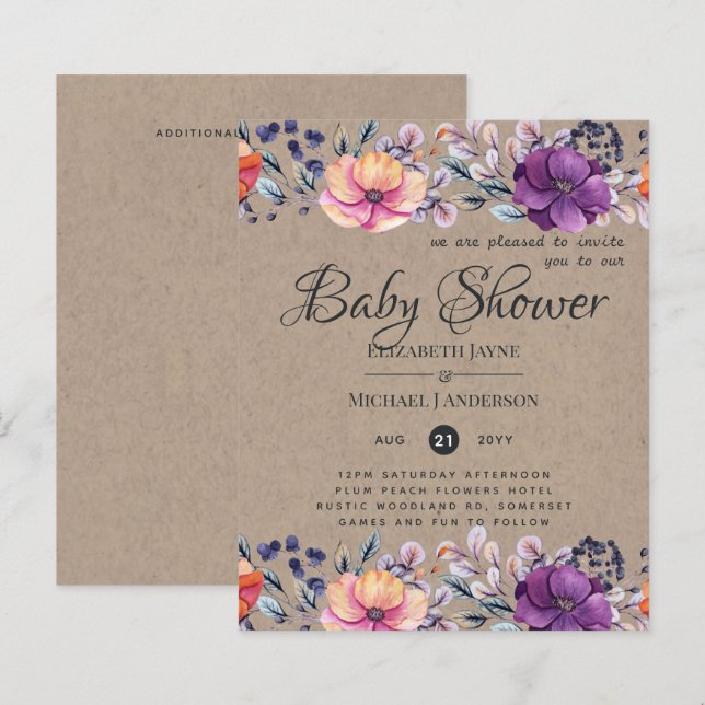 Lámina PRESUPUESTO Baby Shower Naranja púrpura Invitación (Anverso / Reverso)