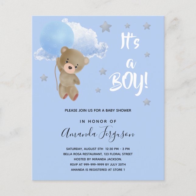 Lámina Presupuesto Bebé ducha de peluche niño invitación  (Anverso)