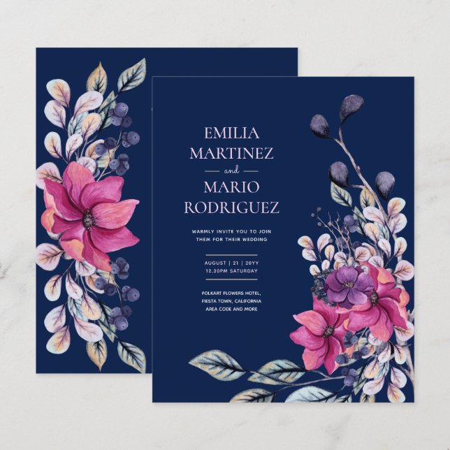 Lámina Presupuesto Boda floral azul de la marina rosa de  (Anverso / Reverso)