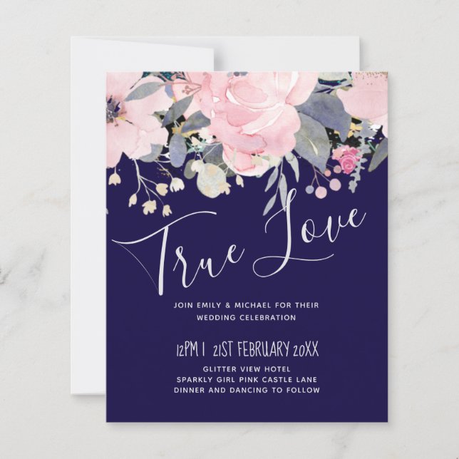 Lámina Presupuesto Boda moderno con flores rosadas azul d (Anverso)