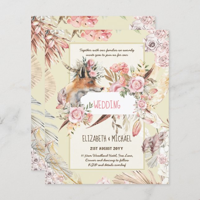 Lámina PRESUPUESTO Boho Bosque ZORRO Floral Boda Moderno (Anverso / Reverso)