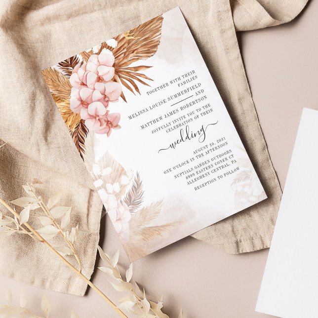 Lámina Presupuesto Boho Palmas Secas Hierba de Pampas Bod (Pink Floral Wedding Pampas Grass Invitation)