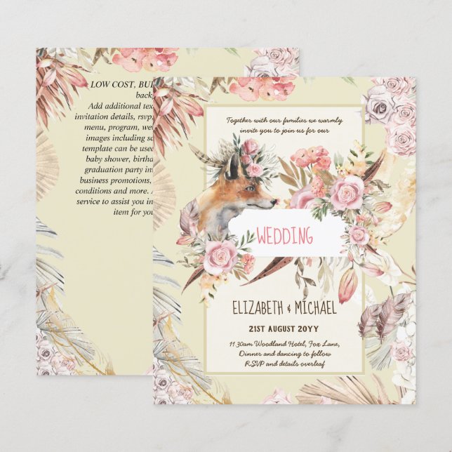 Lámina PRESUPUESTO Boho Woodland FOX Boda Floral Moderno (Anverso / Reverso)