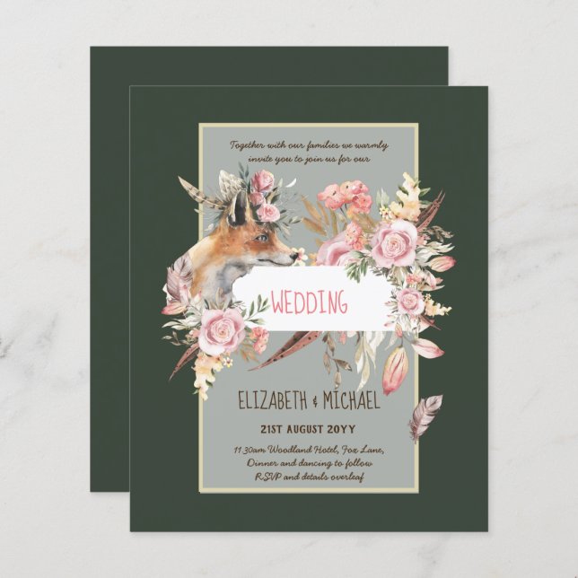 Lámina PRESUPUESTO Boho Woodland FOX Boda Floral Moderno (Anverso / Reverso)
