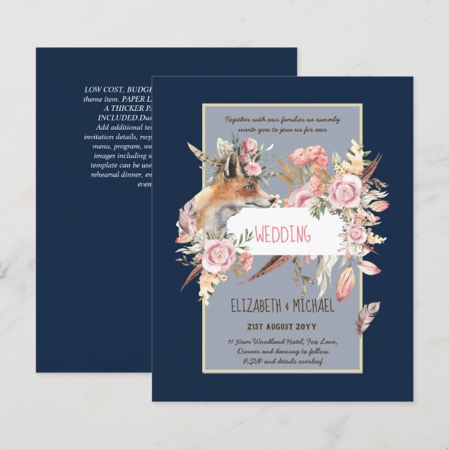 Lámina PRESUPUESTO Boho Woodland FOX Boda Floral Moderno (Anverso / Reverso)