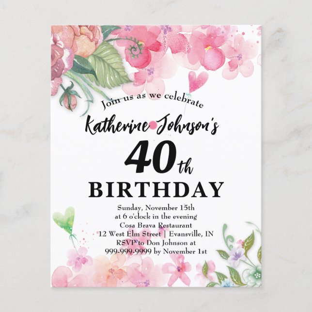 Lámina Presupuesto, bonito cumpleaños florales colores br (Anverso)