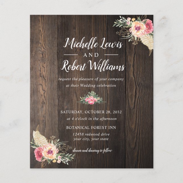 Lámina PRESUPUESTO Bonito Madera textura boda Floral rosa (Anverso)