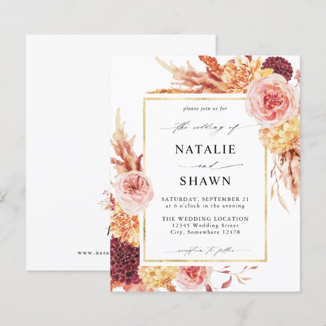 Lámina Presupuesto Borgoña dorada y Boda floral rosa Rubo (Anverso / Reverso)