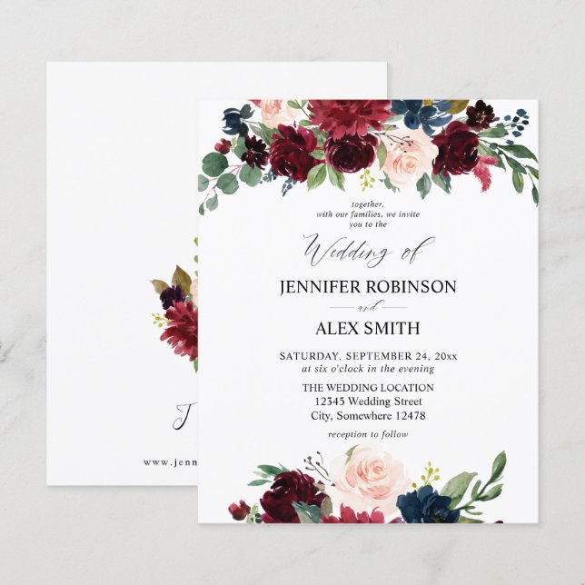 Lámina Presupuesto Borgoña Rubor Boda floral rosa y naval (Anverso / Reverso)