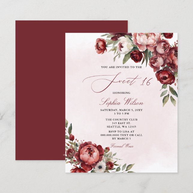 Lámina Presupuesto Borgoña Rubor Floral Sweet 16 Invitaci (Anverso / Reverso)