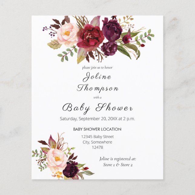 Lámina Presupuesto Burgundy Marsala Floral Baby Shower (Anverso)