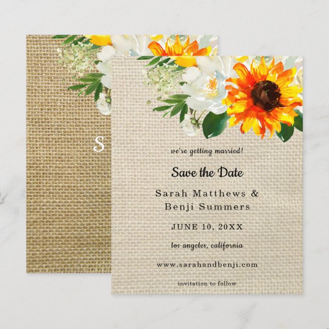 Lámina Presupuesto Burlap Sunflower & Whi Floral Save the (Anverso / Reverso)