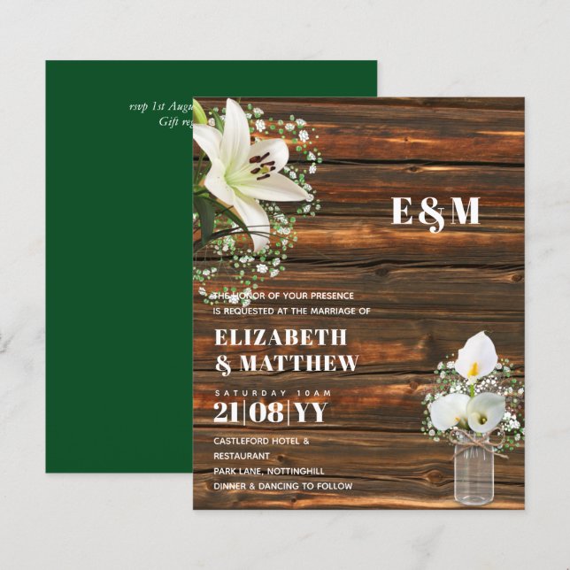 Lámina PRESUPUESTO Calla Lilies Moda Shabby Wedding Invit (Anverso / Reverso)