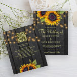 Lámina Presupuesto Código QR bodas de madera rústica Invi<br><div class="desc">Celebración rústica de bodas y recepción elegante todo en una plantilla de invitación PRESUPUESTARIA con código qr a sitio web sobre fondo de madera de grano marrón oscuro con grandes ramos de girasoles dorados amarillos, cuerdas de luces intermitentes y un guión falso de tipografía de oro. Fácil de personalizar con...</div>