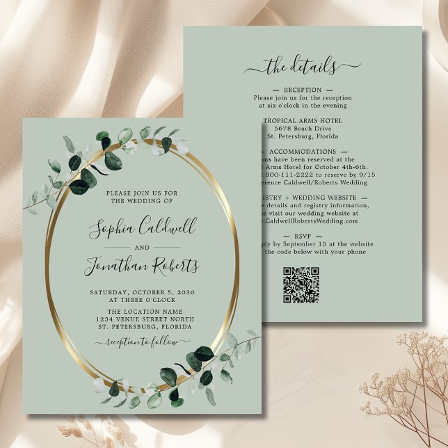 Lámina Presupuesto Código QR Invitación a matrimonio Euca (Budget Eucalyptus Gold Sage QR Code Double Sided All in One Wedding Invitation)