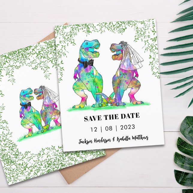 Lámina Presupuesto de boda temática de dinosaurios para g (Dinosaur themed wedding save the date budget invitation T-Rex bride & groom Jurassic jungle foliage)