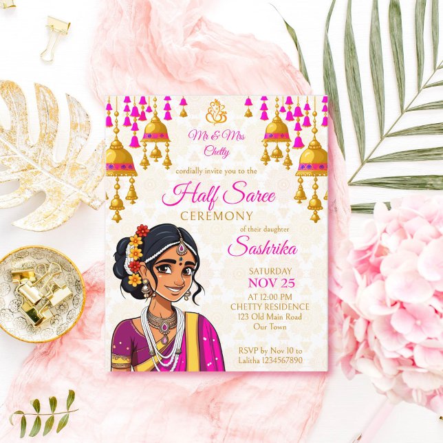 Lámina Presupuesto de la ceremonia de mitad de sari invit (Half saree ceremony budget invitation template cute Indian girl in a pink sari cartoon gold bells )