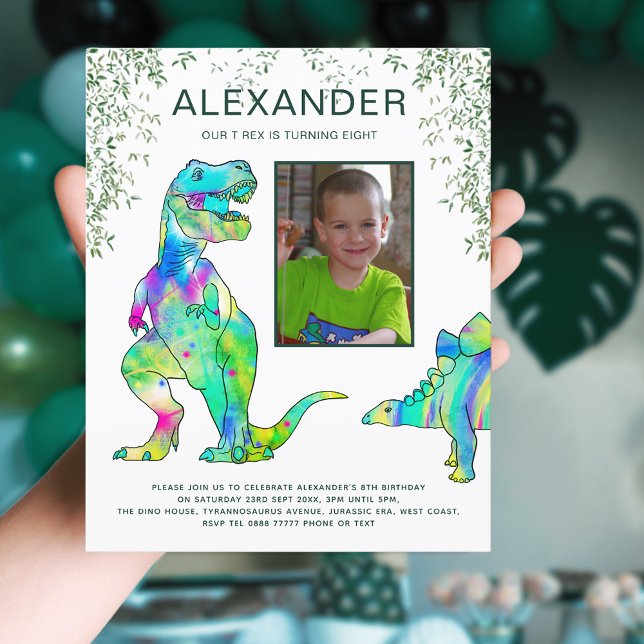 Lámina Presupuesto de la fiesta de cumpleaños número 8 de ( Dinosaur 8th birthday party invitation with photo template colorful T-Rex & Stegosaurus watercolor )