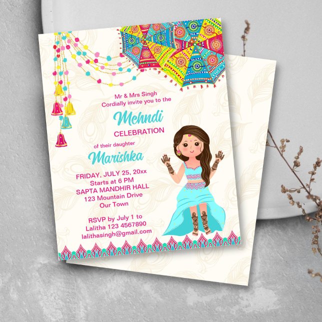 Lámina Presupuesto de Mehndi invita a chica indio lindo a (Mehndi budget invitation template cute Indian bride cartoon character umbrellas decor)
