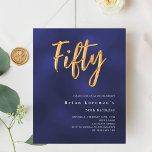 Lámina Presupuesto de oro azul marino invitación a cumpli<br><div class="desc">Una invitación moderna y elegante para una fiesta de cumpleaños número 50 tanto para él como para ella. El color azul es desigual. Fondo azul marino y la palabra Cincuenta escrita con grandes letras falsas de oro. Personalice y agregue un nombre y detalles del fiesta. Texto blanco. 1 hoja =...</div>