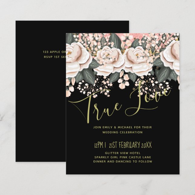 Lámina Presupuesto del Boda floral negro rosa Rubor (Anverso / Reverso)