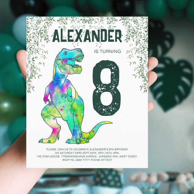 Lámina Presupuesto del partido de cumpleaños de Dinosaur  (T-Rex dinosaur jungle 8th birthday party budget invitation with green modern typography )