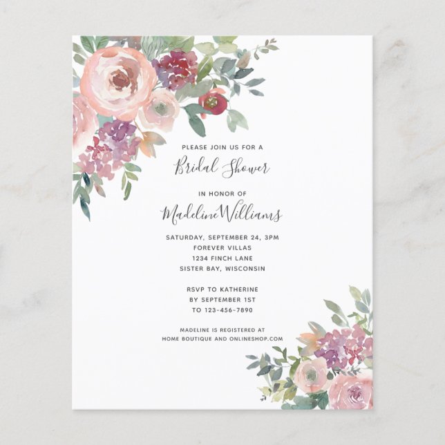 Lámina PRESUPUESTO Dusty Rosa Floral Bridal Shower Invita (Anverso)