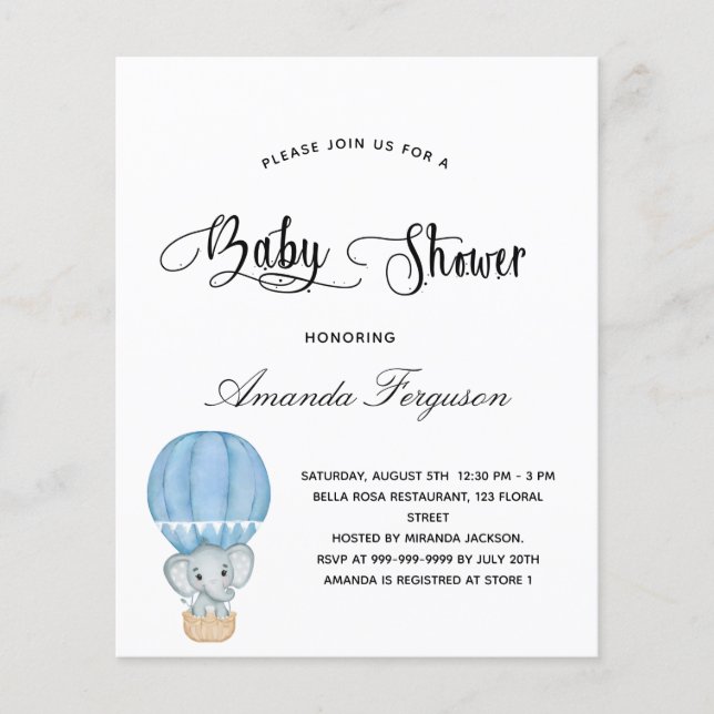 Lámina Presupuesto elefante de Baby Shower niño blanco az (Anverso)