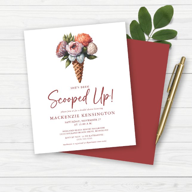 Lámina PRESUPUESTO Elegante Boho Ice Cream Bridal Shower (Budget She's Been Scooped Up Ice Cream Floral Bridal Shower Invitation)
