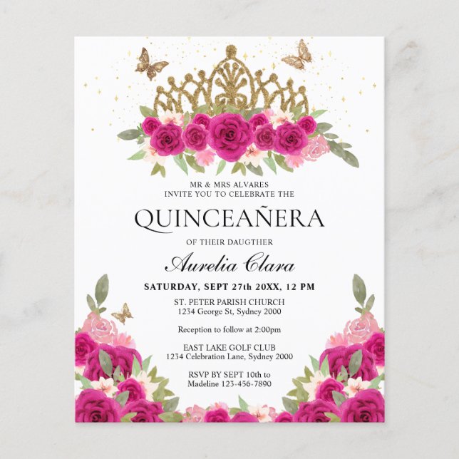 Lámina PRESUPUESTO Elegante Oro Floral Rosa Tiara Quincea (Anverso)
