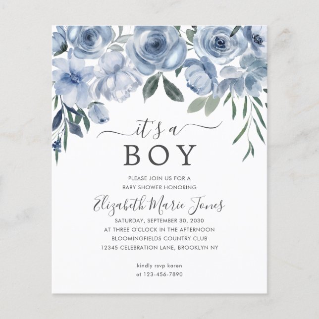 Lámina Presupuesto: es un Baby Shower floral azul de niño (Anverso)