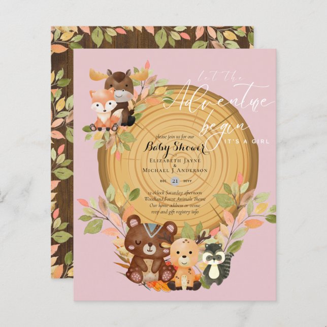 Lámina PRESUPUESTO ES UN Chica WOODLAND ANIMALES Baby Sho (Anverso / Reverso)