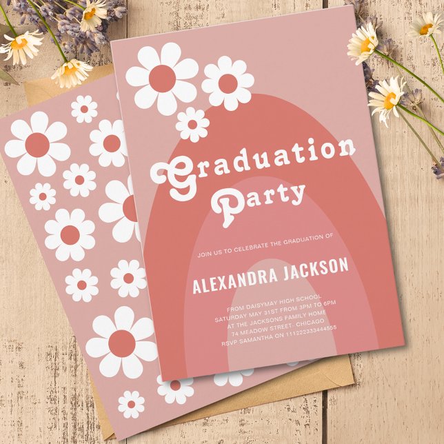 Lámina Presupuesto Fiesta de Graduados de Arco Floral Ret (Retro 70s vintage floral arch graduation party budget invitation with simple orange daisy pattern)
