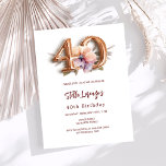 Lámina Presupuesto floral de durazno de oro blanco 40 cum<br><div class="desc">Una invitación moderna, de diseño y glamurosa para un 40 cumpleaños. Fondo blanco, decorado con melocotón y flor morada acuática. El nombre está escrito con un guión moderno de estilo con letras de color rosa oscuro y dorado. Personalice y agregue los detalles de su fiesta. El número 40 se escribe...</div>