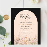 Lámina Presupuesto floral de melocotón negro 50 cumpleaño<br><div class="desc">Una elegante invitación a la flor. Fondo negro y arco de color melocotón. Decorada con flores silvestres de color agua en tonos beige y rosa. 1 hoja = 1 borde impreso de invitación al borde.</div>