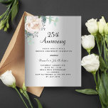 Lámina Presupuesto floral plateado 25º aniversario del bo<br><div class="desc">Un fondo falso plateado. Decorada con flores blancas,  flores de peonía y vegetación de eucaliptos de color verde acuático. Personalice y agregue sus nombres y los detalles. 1 hoja = 1 borde impreso de invitación al borde.</div>