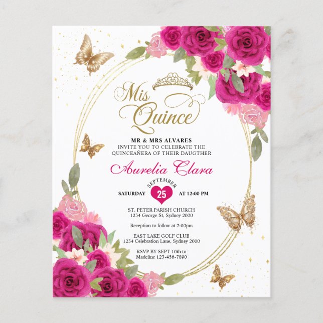 Lámina PRESUPUESTO Floral Rosa Mariposa Dorada Mis Quince (Anverso)